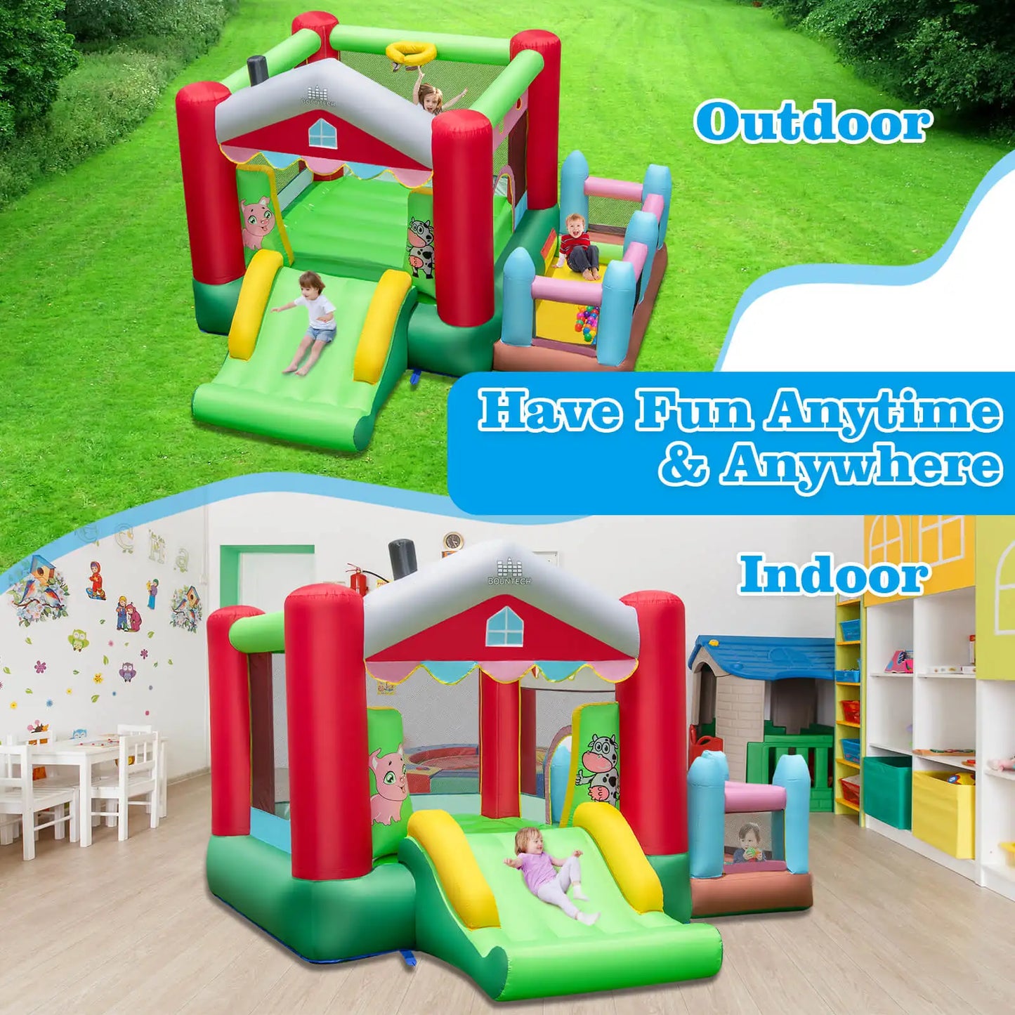 4-in-1 Farm Themed Inflatable Bounce House with Slide Ball Pit & Basketball Hoop