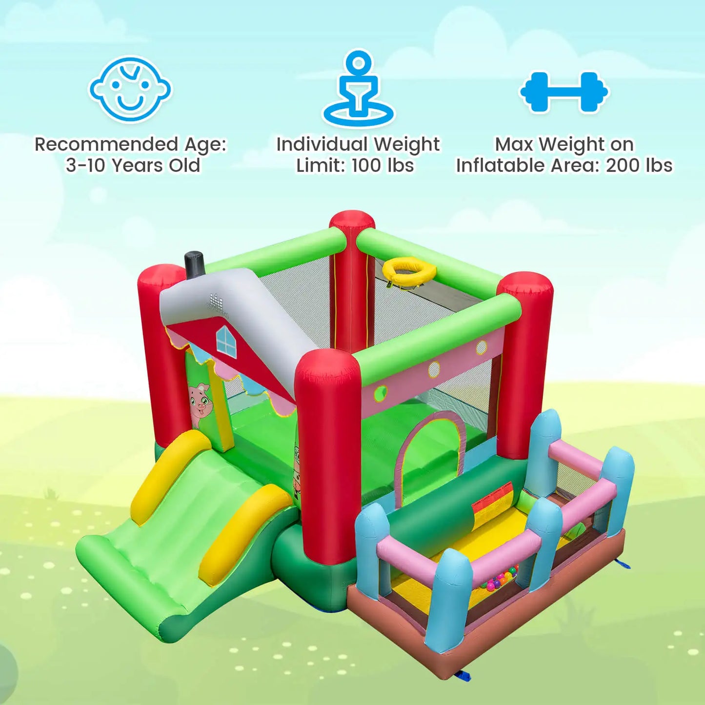4-in-1 Farm Themed Inflatable Bounce House with Slide Ball Pit & Basketball Hoop