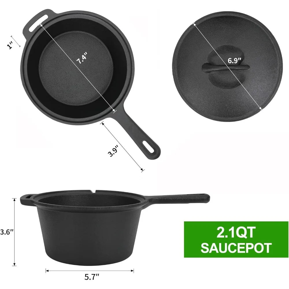 Cast iron camping cookware with wooden box for outdoor family BBQ.