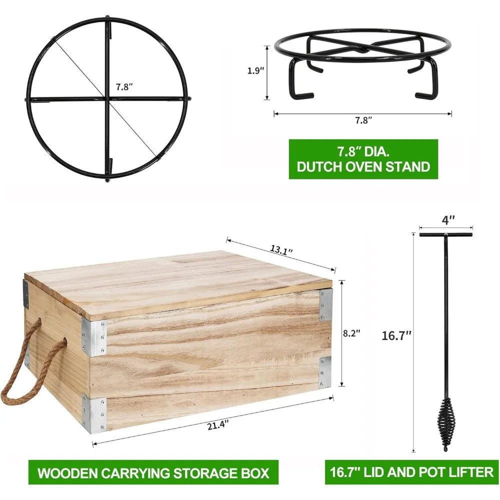 Cast iron camping cookware with wooden box for outdoor family BBQ.