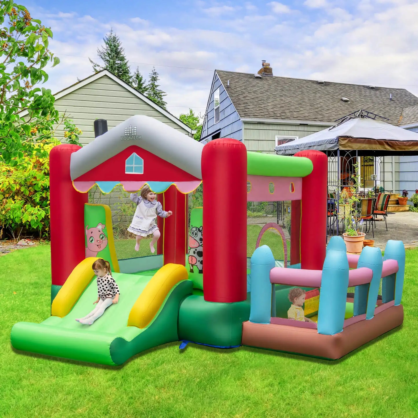 4-in-1 Farm Themed Inflatable Bounce House with Slide Ball Pit & Basketball Hoop