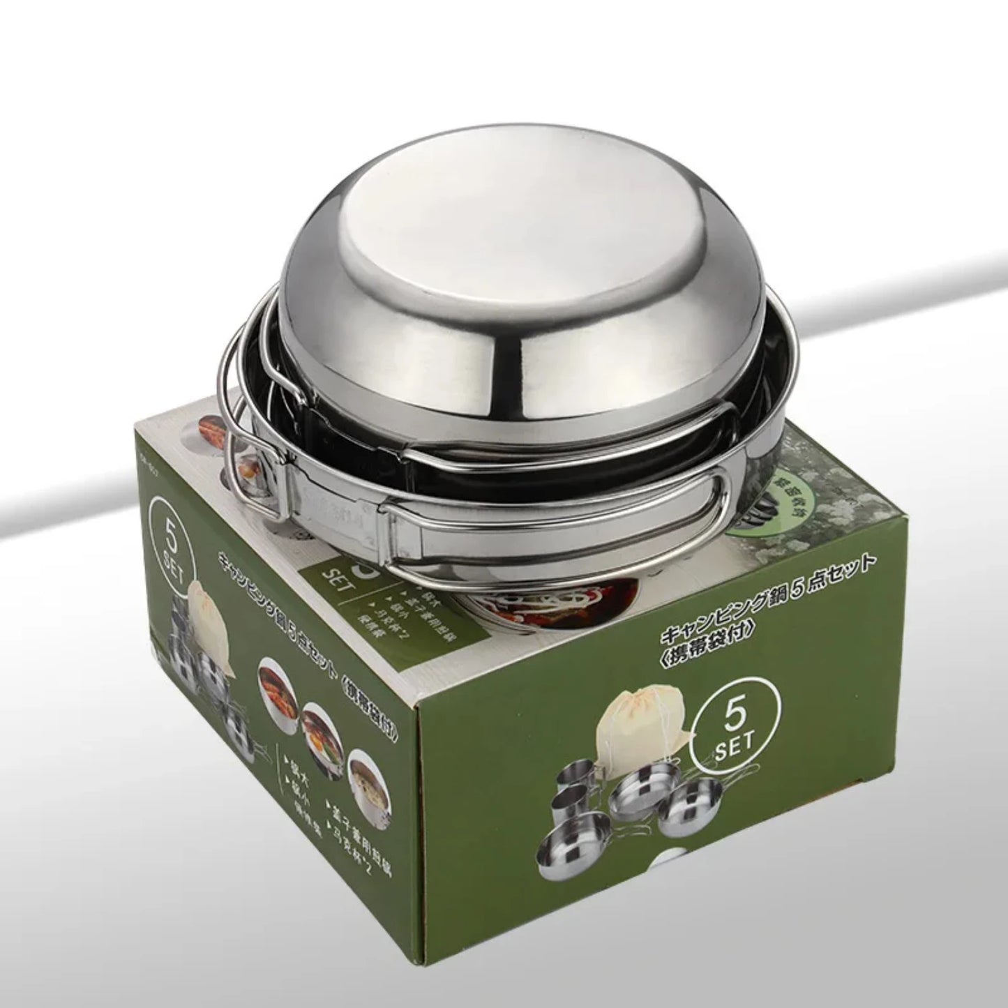5pcs Camping Pot Set 304 Stainless Steel Outdoor Cookware Kit.