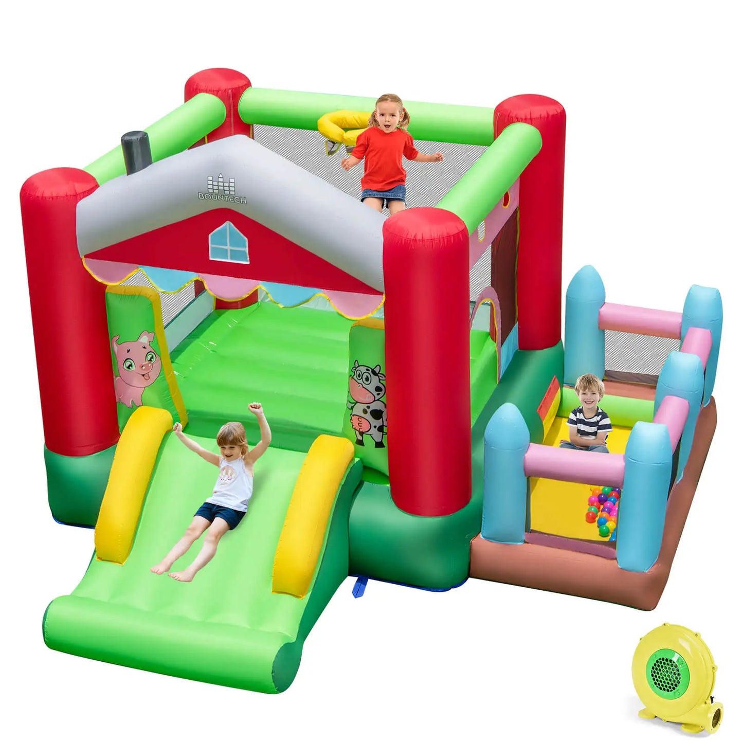 4-in-1 Farm Themed Inflatable Bounce House with Slide Ball Pit & Basketball Hoop