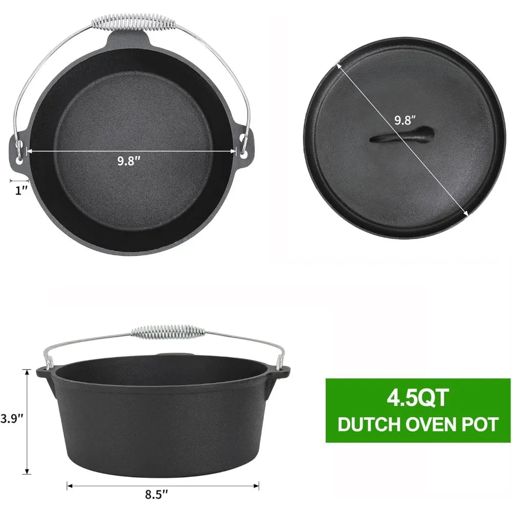 Cast iron camping cookware with wooden box for outdoor family BBQ.
