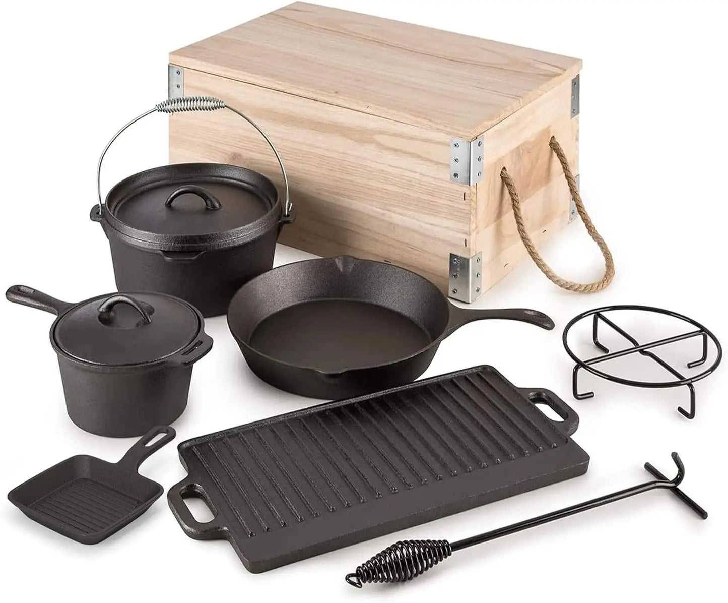Cast iron camping cookware with wooden box for outdoor family BBQ.