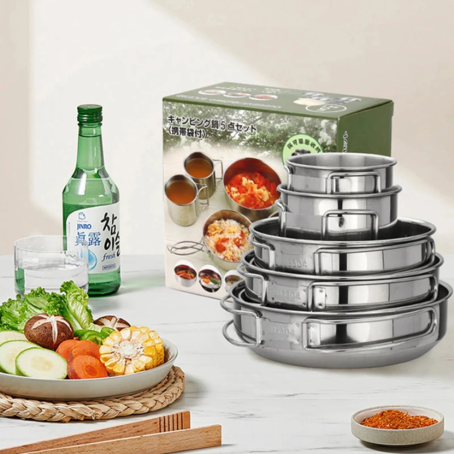 5pcs Camping Pot Set 304 Stainless Steel Outdoor Cookware Kit.