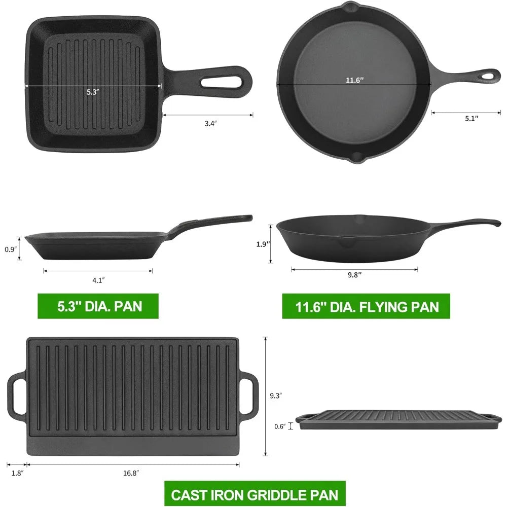 Cast iron camping cookware with wooden box for outdoor family BBQ.