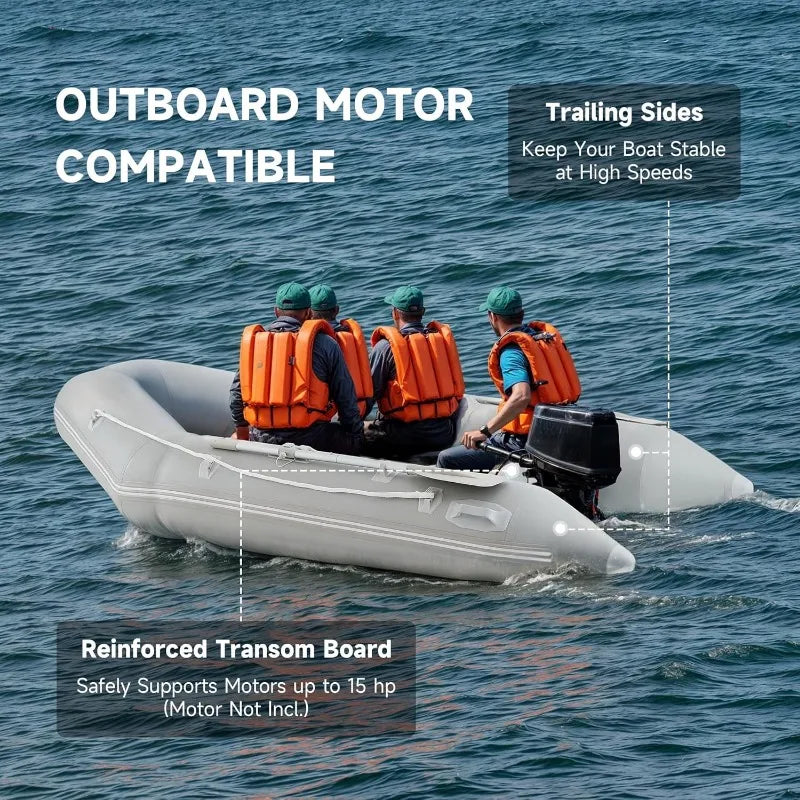 10ft Inflatable Dinghy Boat, 4 Person 990lb Transom with Pump Aluminum Oars Floor, Heavy Duty.