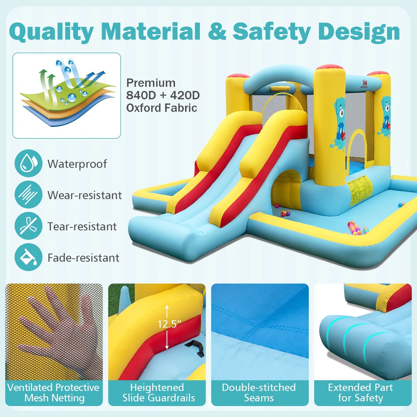 7-in-1 Bouncy Castle with Slide, Tunnel, Basketball Hoop & Ring-toss Game.