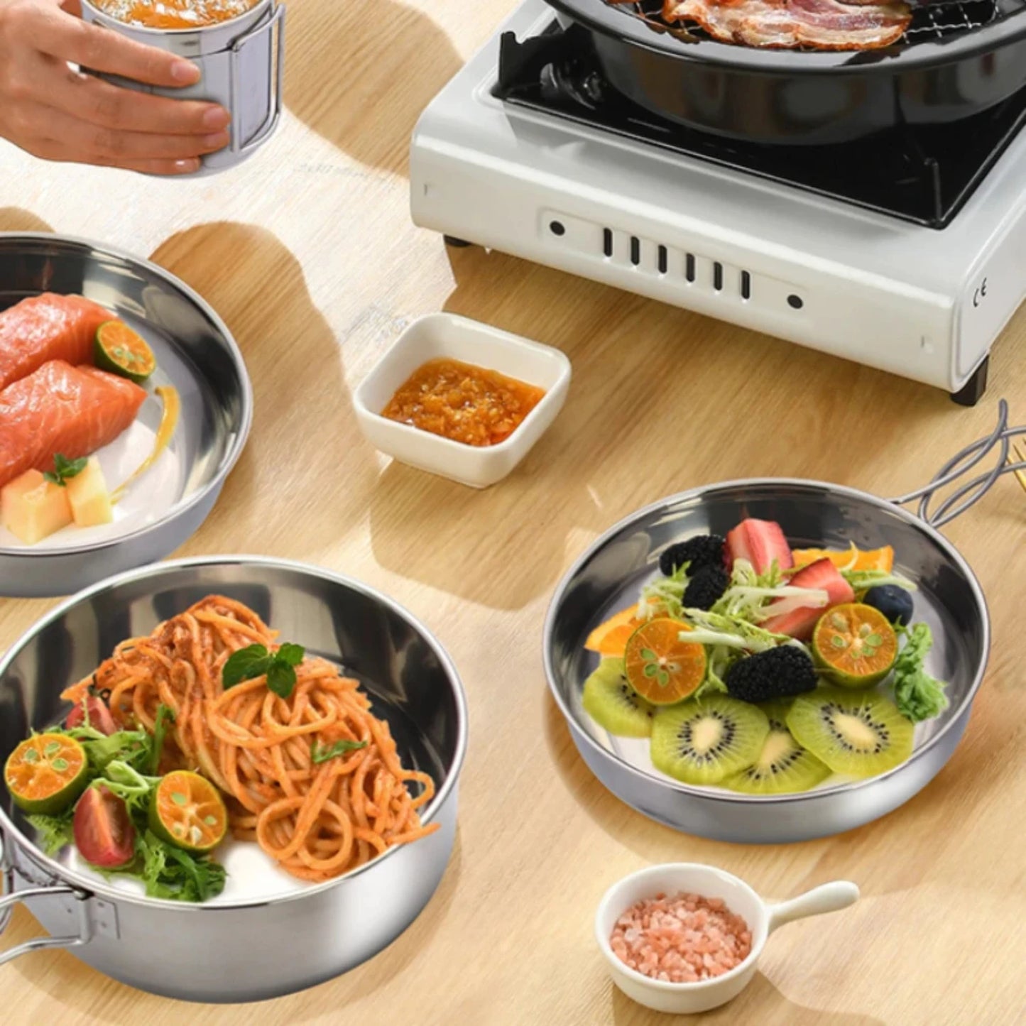 5pcs Camping Pot Set 304 Stainless Steel Outdoor Cookware Kit.