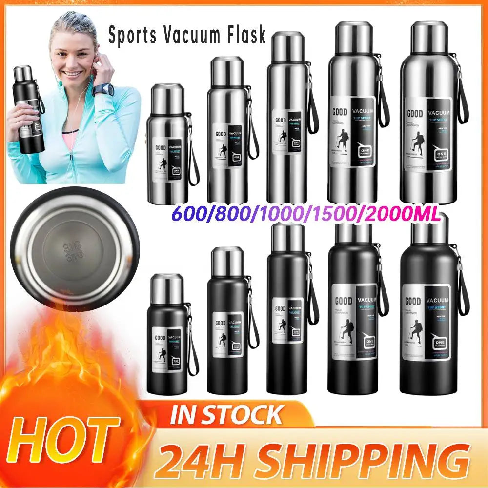 Large Capacity Stainless Steel Thermos Portable Vacuum Flask Insulated Tumbler with Rope Thermo Bottle 600/800/1000/1500/2000ml