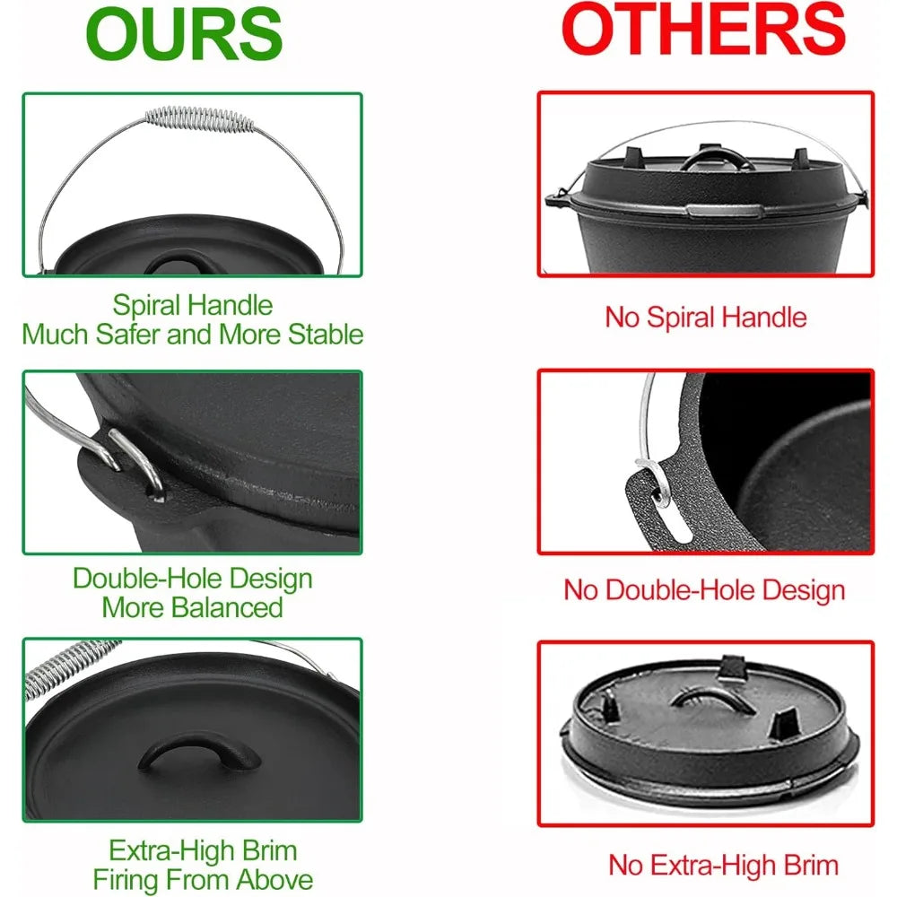 Cast iron camping cookware with wooden box for outdoor family BBQ.