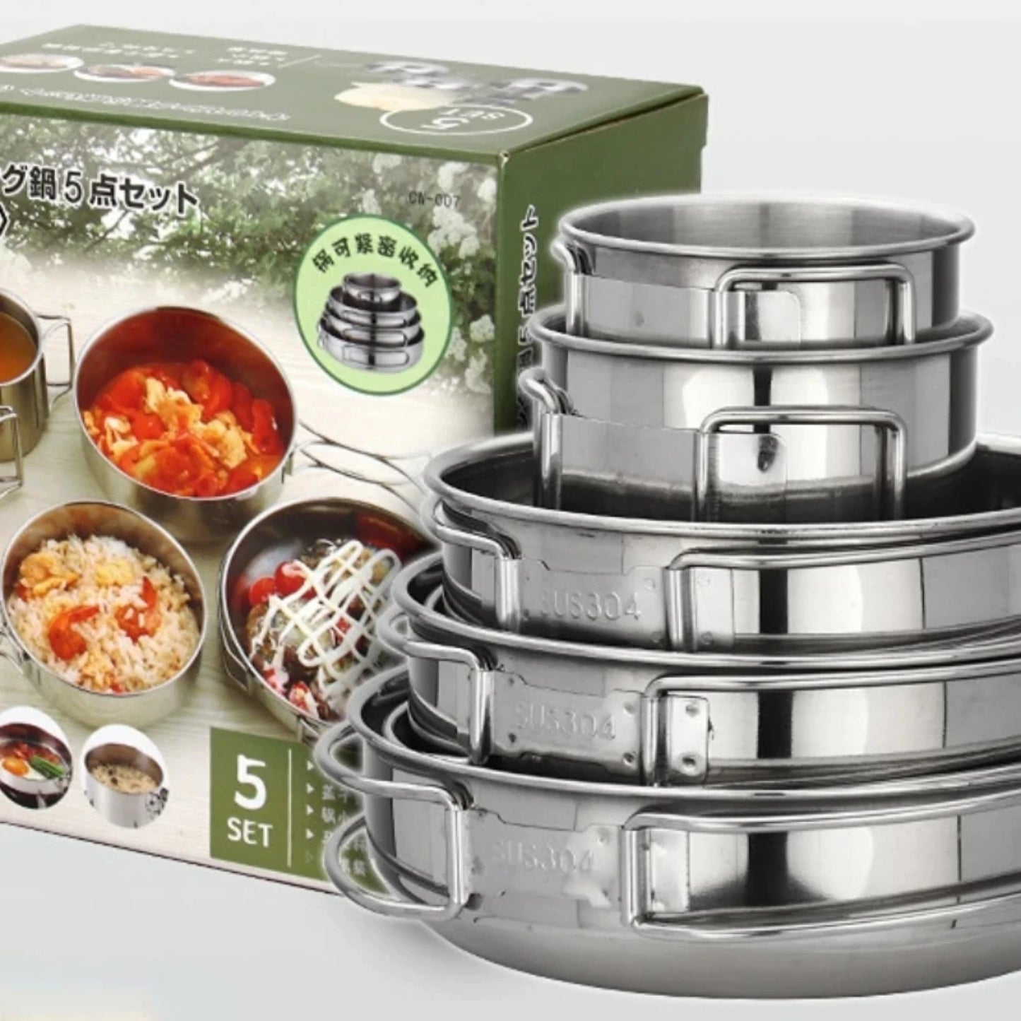 5pcs Camping Pot Set 304 Stainless Steel Outdoor Cookware Kit.