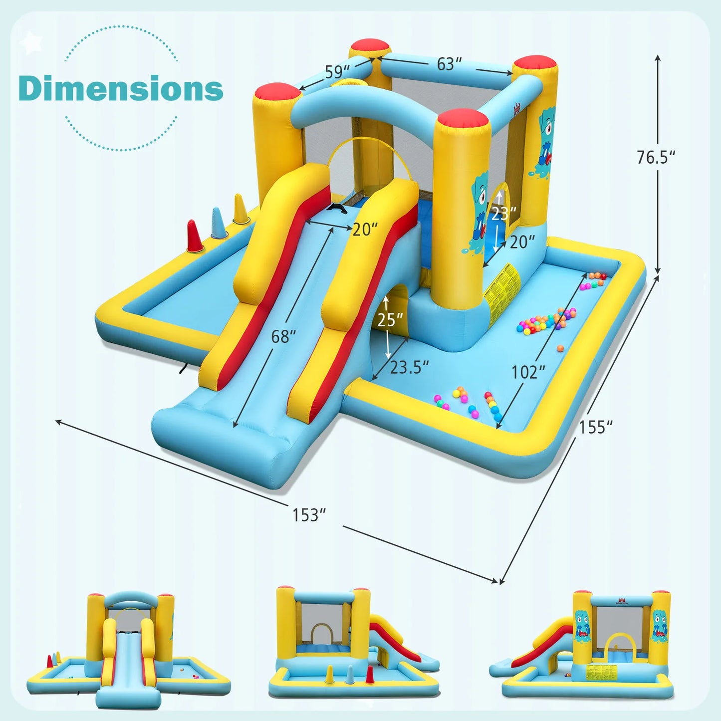 7-in-1 Bouncy Castle with Slide, Tunnel, Basketball Hoop & Ring-toss Game.