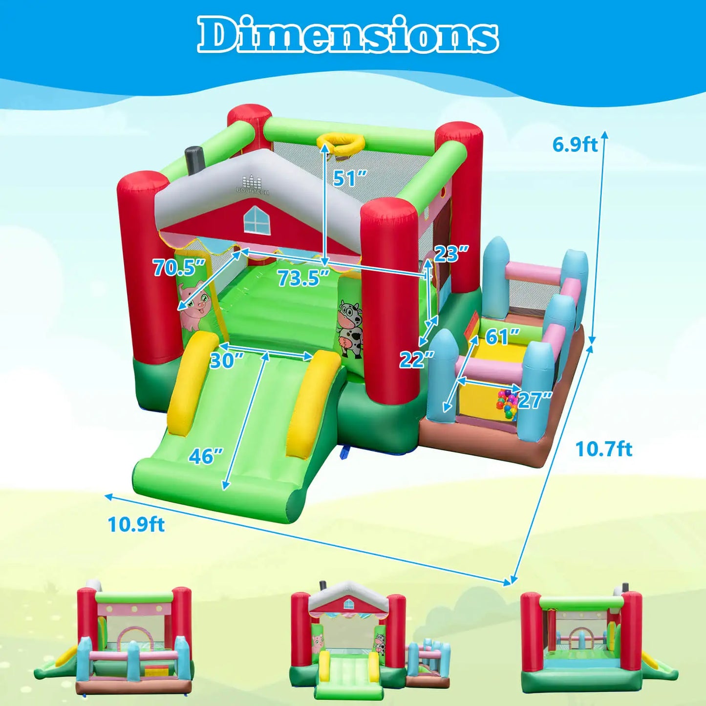 4-in-1 Farm Themed Inflatable Bounce House with Slide Ball Pit & Basketball Hoop