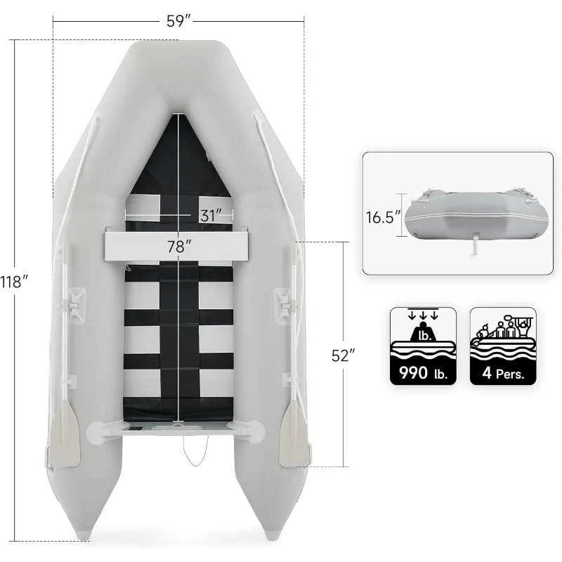 10ft Inflatable Dinghy Boat, 4 Person 990lb Transom with Pump Aluminum Oars Floor, Heavy Duty.