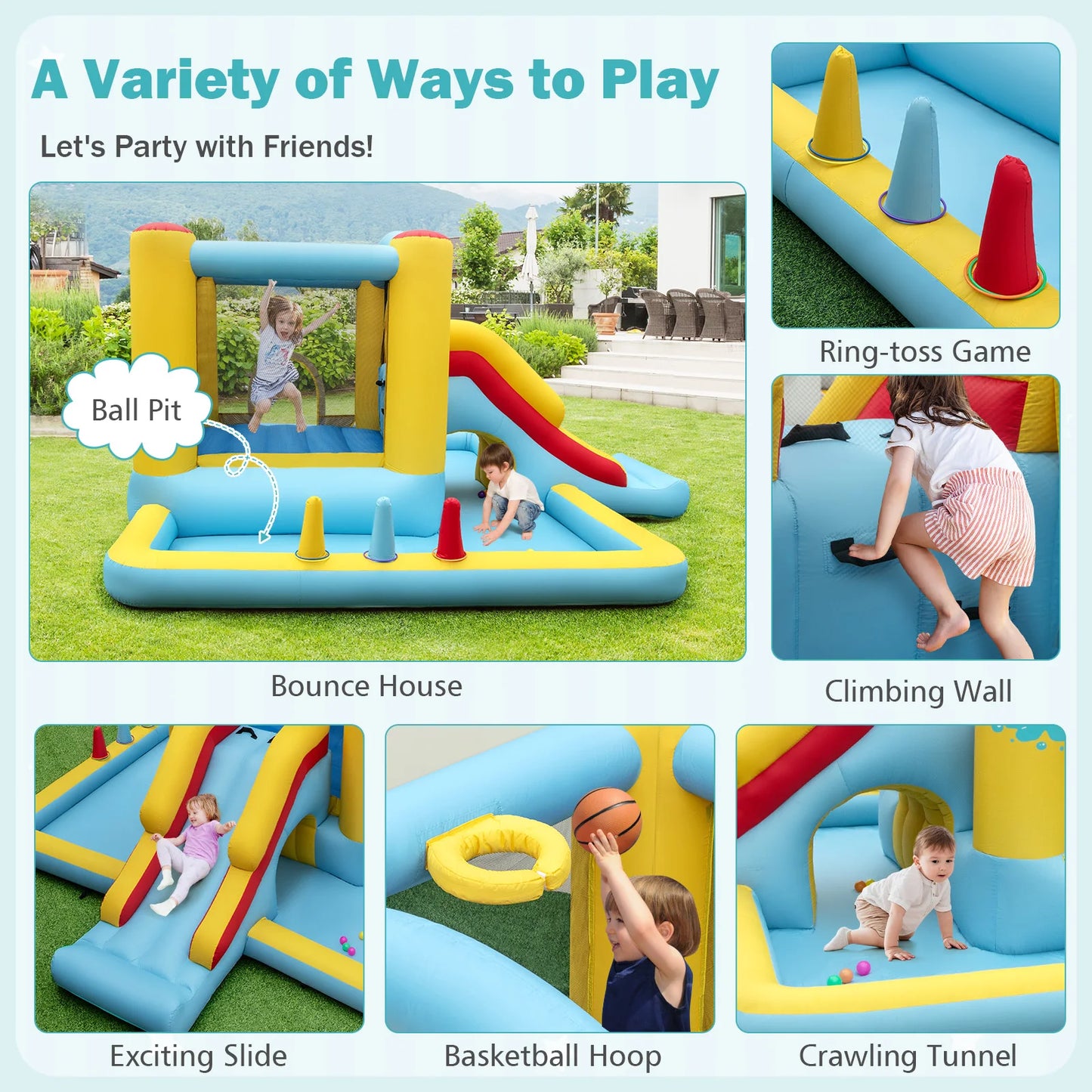 7-in-1 Bouncy Castle with Slide, Tunnel, Basketball Hoop & Ring-toss Game.