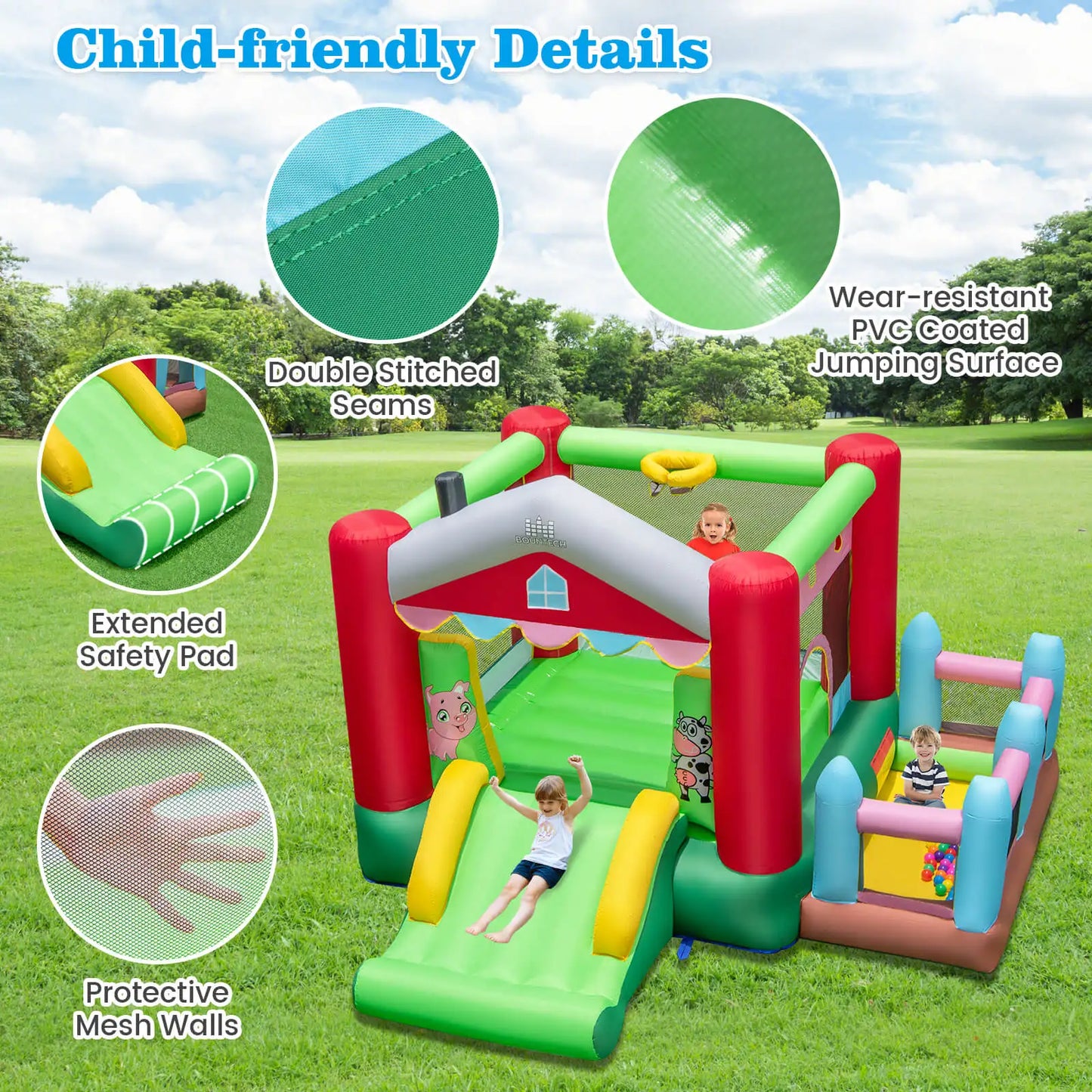 4-in-1 Farm Themed Inflatable Bounce House with Slide Ball Pit & Basketball Hoop