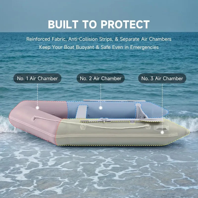 10ft Inflatable Dinghy Boat, 4 Person 990lb Transom with Pump Aluminum Oars Floor, Heavy Duty.