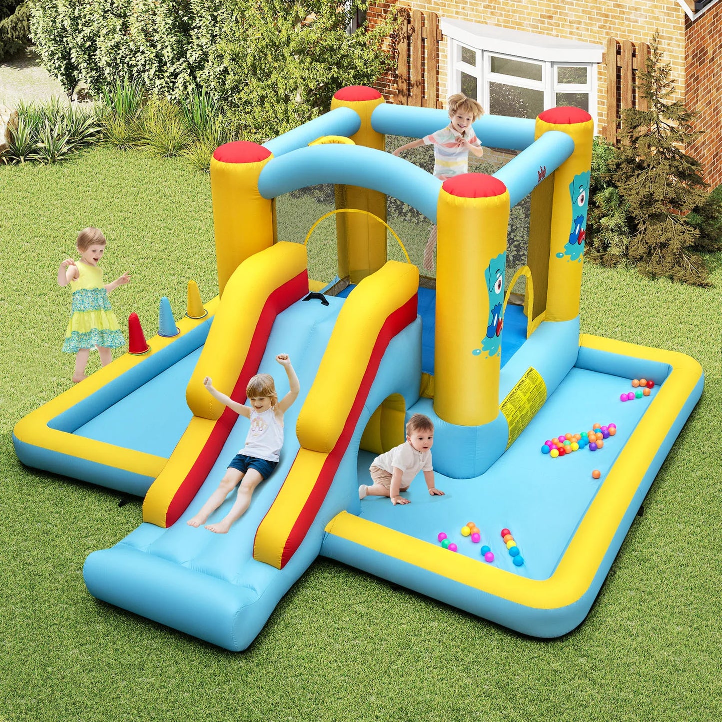 7-in-1 Bouncy Castle with Slide, Tunnel, Basketball Hoop & Ring-toss Game.