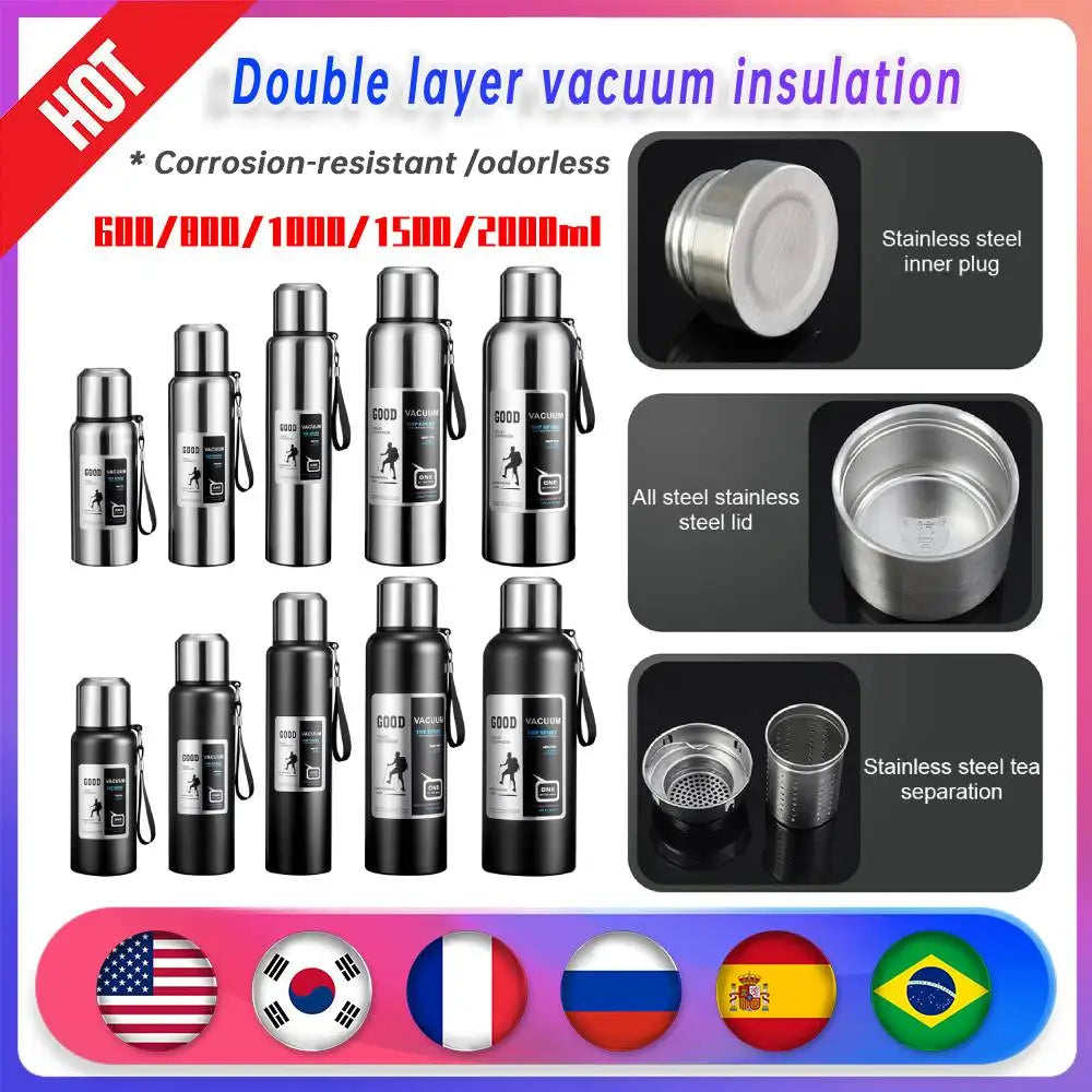 Large Capacity Stainless Steel Thermos Portable Vacuum Flask Insulated Tumbler with Rope Thermo Bottle 600/800/1000/1500/2000ml