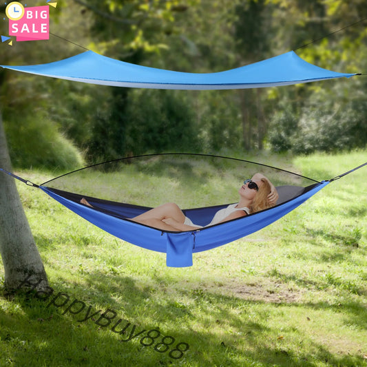 Blue Camping Hammock w/h Rain Fly Tarp Mosquito Net Tent Hammock.