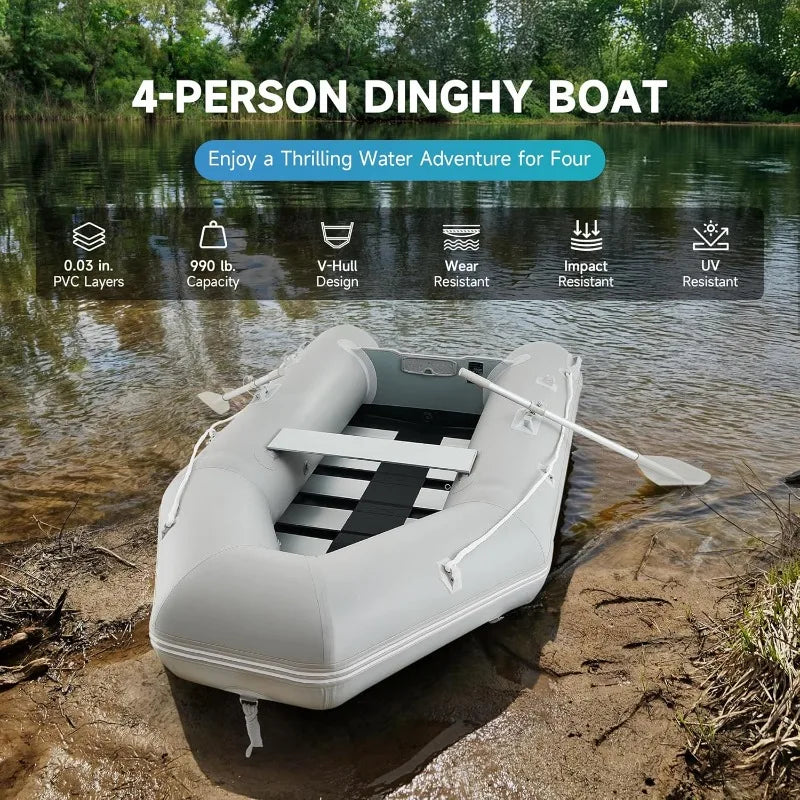 10ft Inflatable Dinghy Boat, 4 Person 990lb Transom with Pump Aluminum Oars Floor, Heavy Duty.