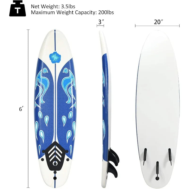 6' Body Board with Removable Fins & Protective Leash, Non-Slip Surfing Board.