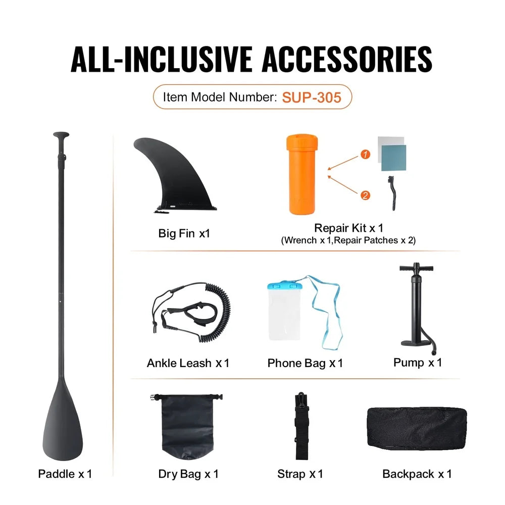 Inflatable Paddle Board Kit Pump Oar Waterproof Phone Case Carrying Bag Ankle Leash.
