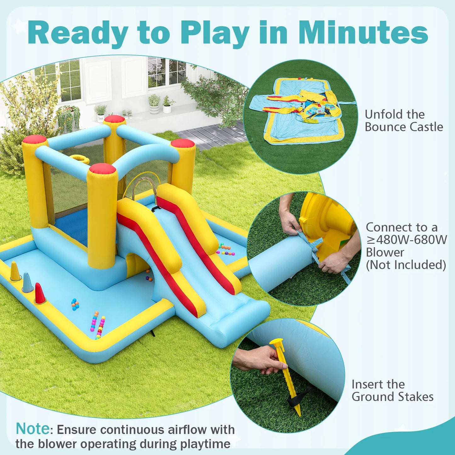 7-in-1 Bouncy Castle with Slide, Tunnel, Basketball Hoop & Ring-toss Game.
