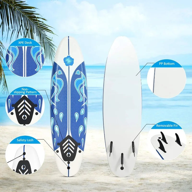 6' Body Board with Removable Fins & Protective Leash, Non-Slip Surfing Board.