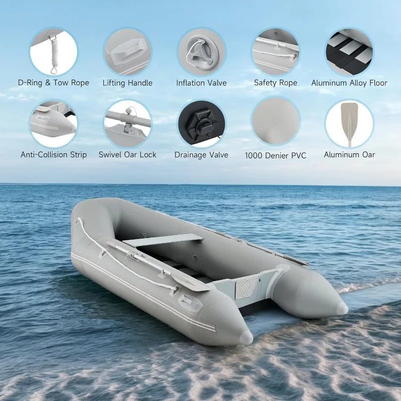10ft Inflatable Dinghy Boat, 4 Person 990lb Transom with Pump Aluminum Oars Floor, Heavy Duty.