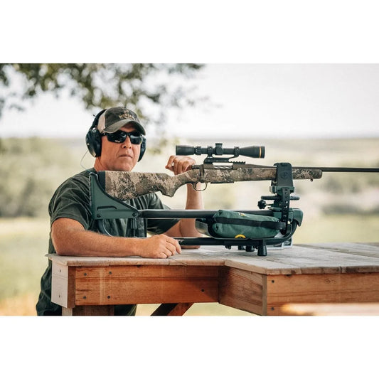 Rifle Shooting Rest with Adjustable Ambidextrous Frame for Recoil Reduction.