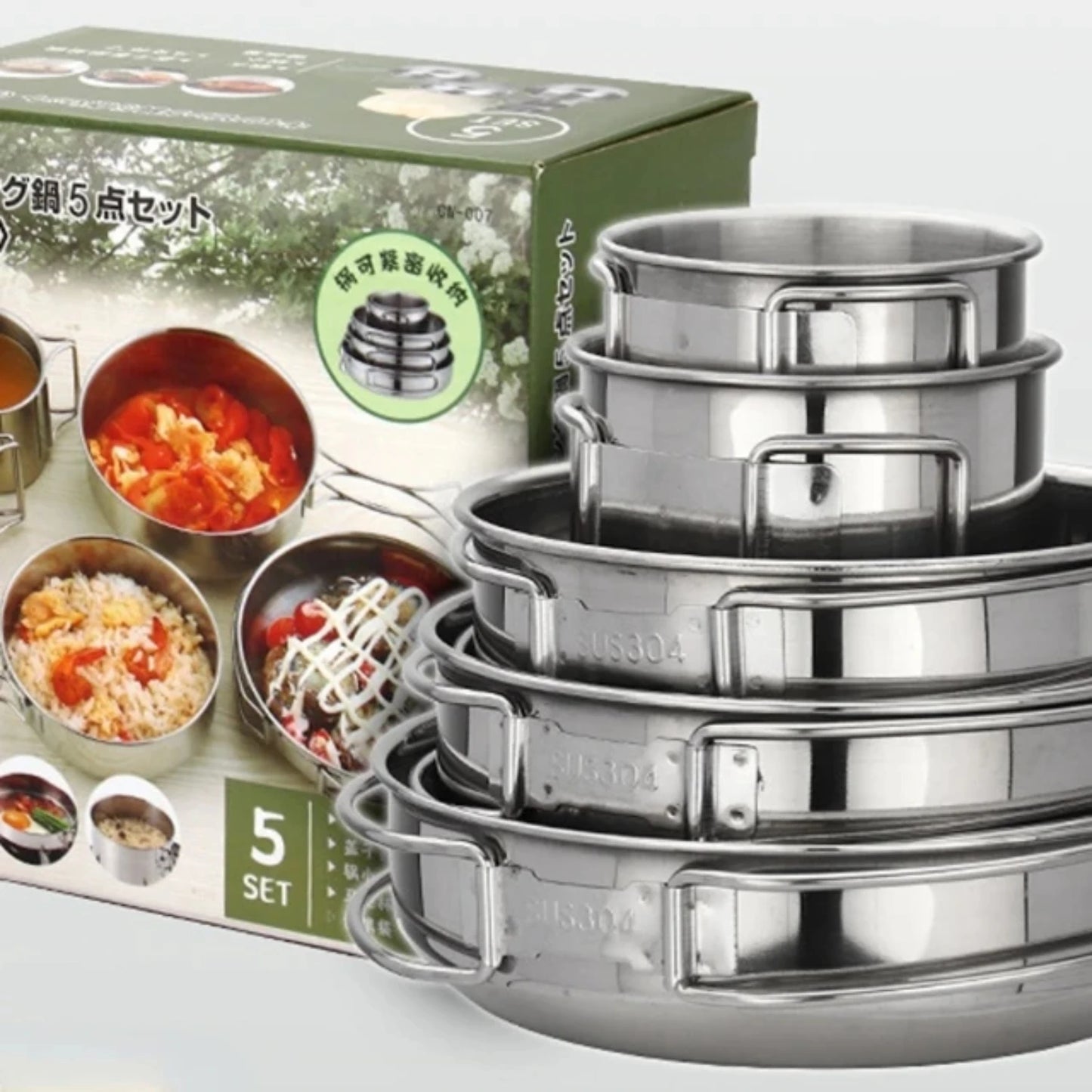 5pcs Camping Pot Set 304 Stainless Steel Outdoor Cookware Kit.