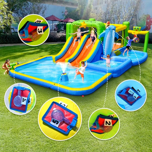 9 in 1Bounce House with Blower Shower Soak Pool Sprinkler Fountain Water Gun for Kids.