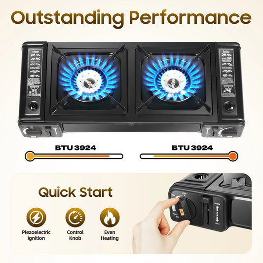 Portable 2-Burner Camping Stove W/ Grill Tray, Piezoelectric Ignition, Efficient, for Outdoor Cooking BBQ.